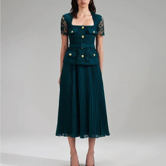 chinese dress ladies Gina Bacconi Sea Blue Rona Midi Dress With Lace Bodice & Chiffon Skirt main image 1